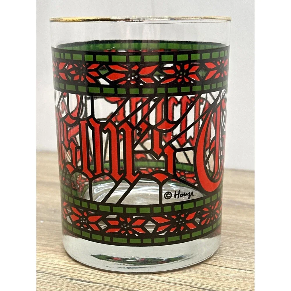 VTG 1970s Houze Seasons Greetings Lowball Glass Stained Glass Pattern Set of 4